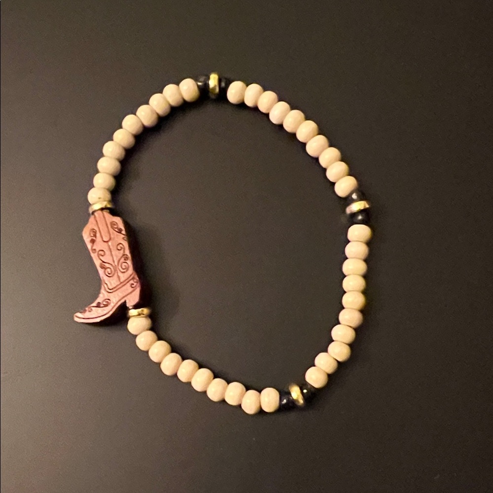 Hand Crafted Tan Beaded Bracelet with Carved  Cowboy Boot Charm